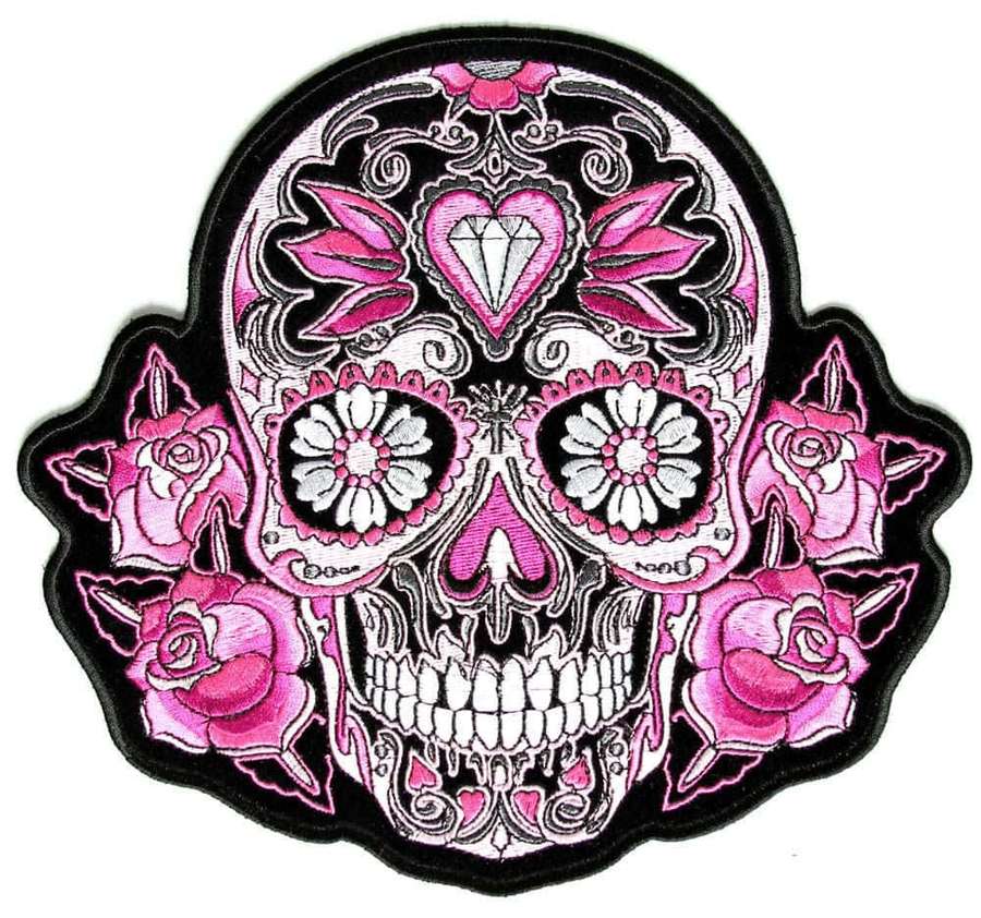 Pink and white embroidered sugar skull patch with roses and floral designs. — Pink Skull Wallpaper