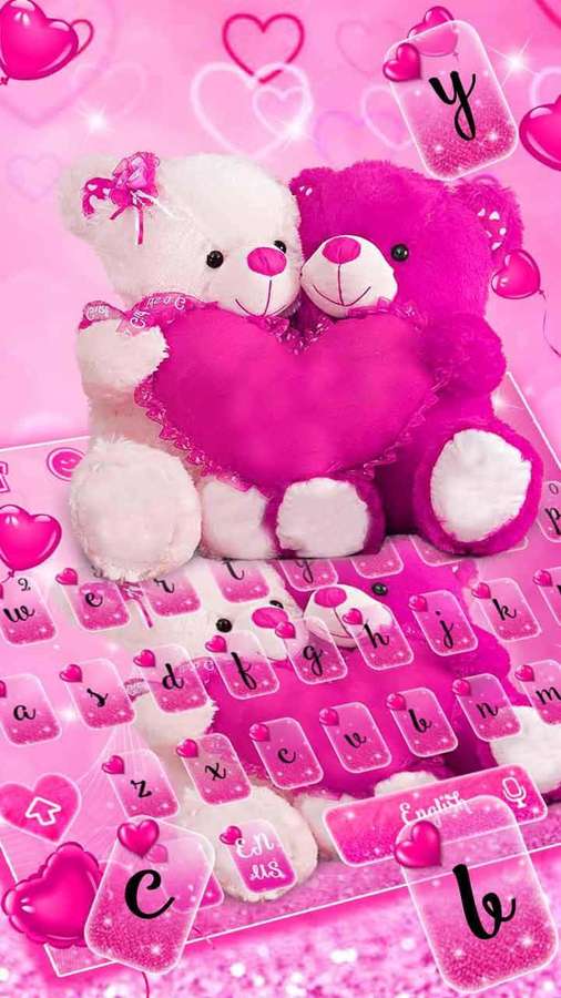 Two pink and white teddy bears hugging a heart over a pink keyboard with hearts. — Pink Teddy Bear Wallpaper