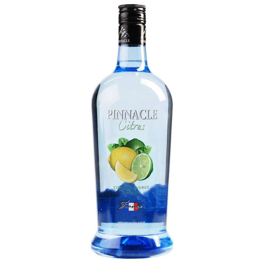 Blaue Flasche Pinnacle Citrus Wodka mit Zitrusfruchtgrafiken und französischer Flagge. — Pinnacle Wodka Wallpaper