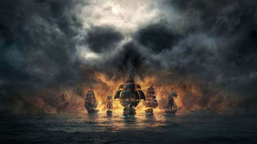 Warships engaged in naval battle amid fiery explosions and stormy skies. — Pirate Background