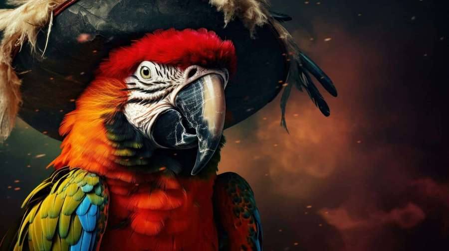 Ein farbenfroher Ara in einem Piratenhut mit feurigem Hintergrund. — Pirate Parrot Wallpaper