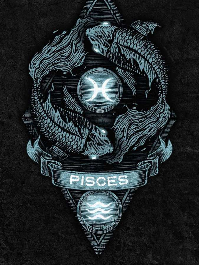 Símbolo del zodiaco Piscis con dos peces en un emblema brillante sobre fondo oscuro. — Piscis Fondos de pantalla