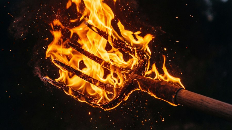 Pitchfork on fire with intense flames against dark background. — Pitchfork Wallpaper