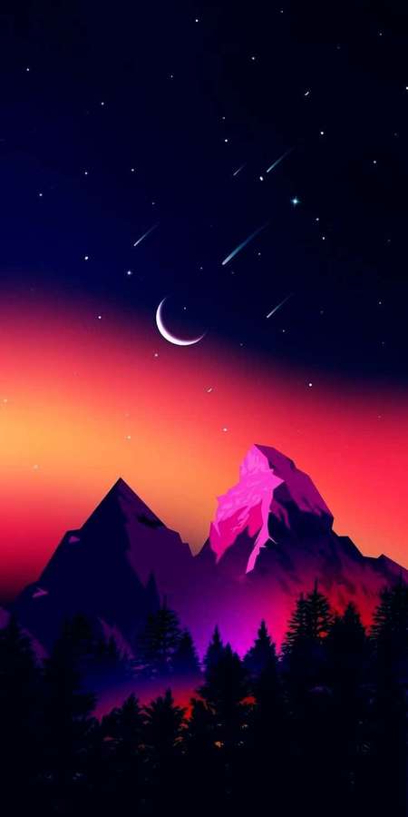 Neon mountains under a starry sky with shooting stars and crescent moon. — Pixel 3 Oled Background