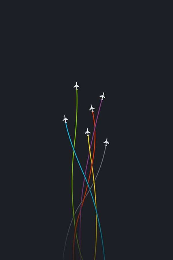 Six airplanes flying upward on colorful trails against a dark background. — Pixel 3 Small Planes Background