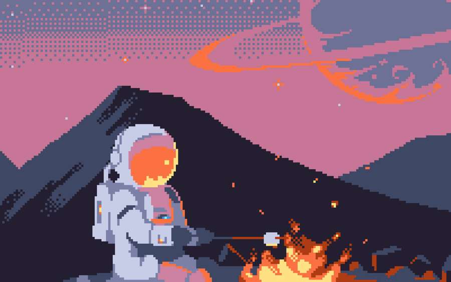 Astronauta pixel che arrostisce marshmallow al falò su montagna aliena di notte. — Pixel Art Sfondi
