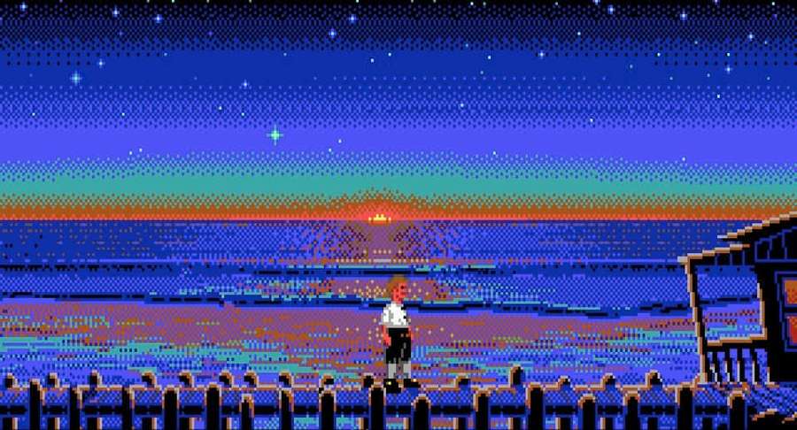 Pixelierte Person auf Pier beobachtet Sonnenuntergang über dem Meer unter Sternenhimmel — Pixel Beach Hintergrundbild