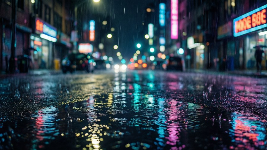 Cyberpunk pixel blur rain street with neon reflections. — Pixel Blur Wallpaper