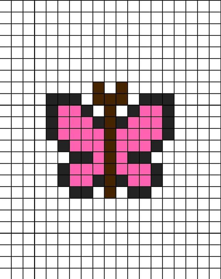 Ein pixeliger Schmetterling mit rosa Flügeln und braunem Körper auf einem weißen Gitter. — Pixel Hintergrundbild