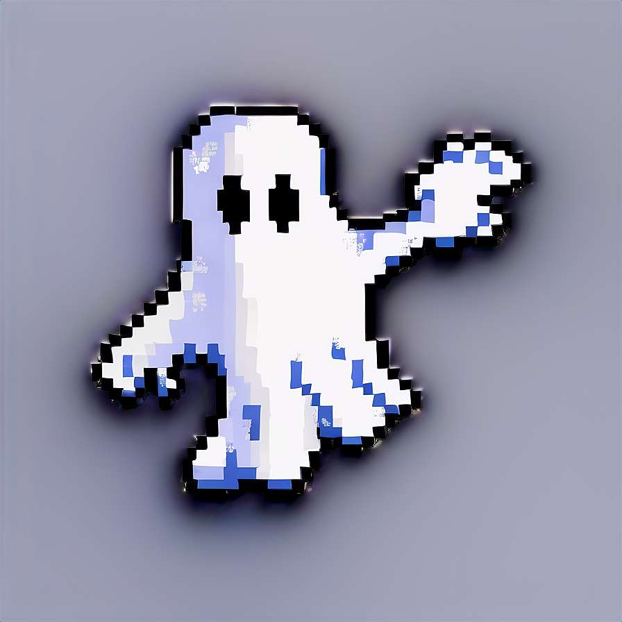 Pixelated ghost character with blue highlights and black eyes on gray background — Pixelated PNG