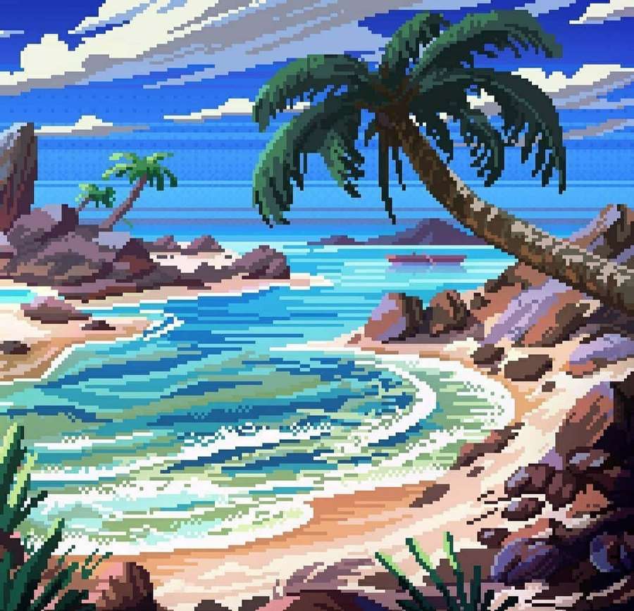 Pixelierter tropischer Strand mit Palmen und türkisblauem Wasser. — Pixelstrand Wallpaper