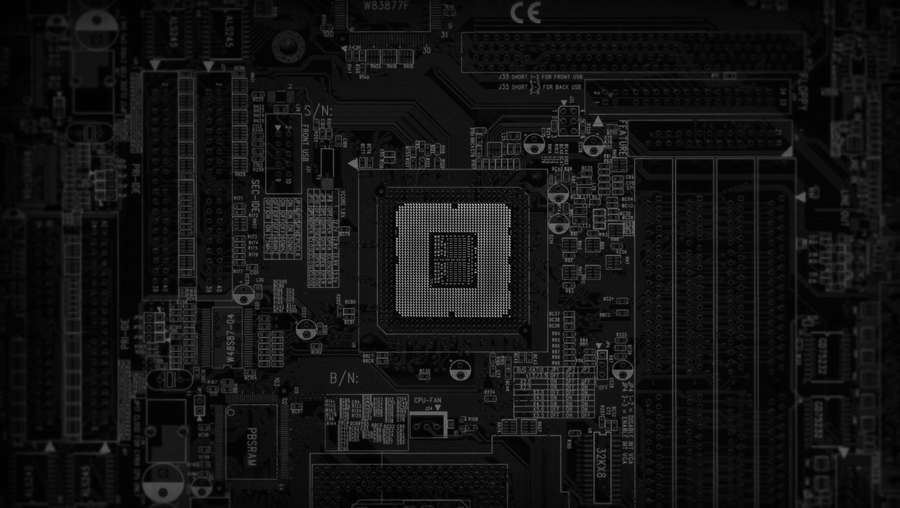 Close-up de uma placa-mãe de computador preto e branco com circuitos brilhantes. — Placa-mãe Papéis de Parede