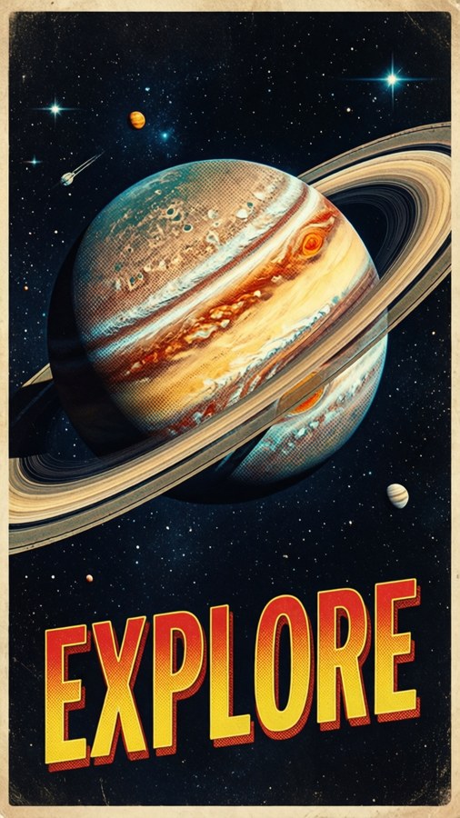 A vintage retro sci-fi poster wallpaper with a ringed planet and 'EXPLORE' text. — Planet Ring Picture