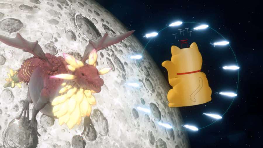 Red dragon with flower wings on moon near glowing golden cat statue with floating lights. — Planet With Wallpaper