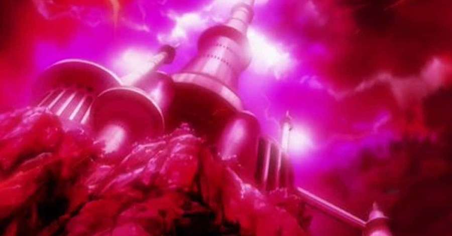 Una torre de anime rosa brillante que se eleva desde un terreno rocoso bajo un cielo tormentoso. — Planeta Vegeta Fondos de pantalla