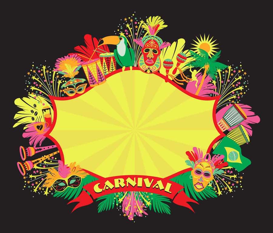 Ilustração de celebração de carnaval com máscaras, tambores e decorações tropicais. — Plano de fundo do carnaval Fundos