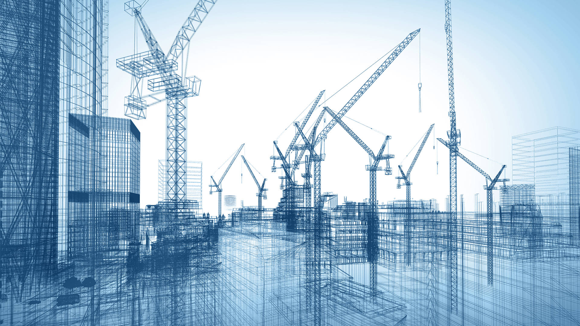 Vista blueprint de uma cidade em construção com guindastes e arranha-céus. — Plano de fundo do edifício Papéis de Parede