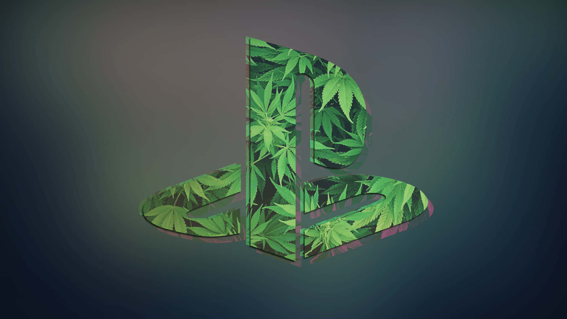 Logotipo da PlayStation coberto com folhas verdes de cannabis em um fundo escuro. — Planta Papéis de Parede