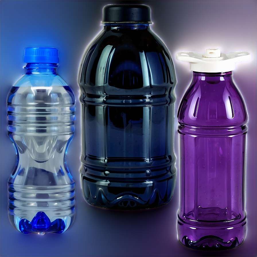 Three colorful plastic water bottles arranged in a row against a blue gradient background. — Plastic Picture