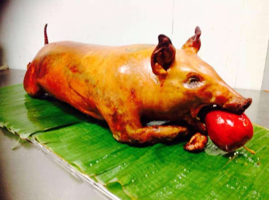 Cerdo asado en hoja de plátano con manzana roja en la boca — Plato Fondos de pantalla