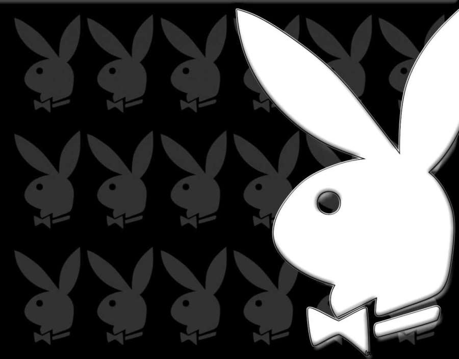 Playboy bunny logo pattern with one large white bunny in front of gray bunnies on black background. — Playboy Background