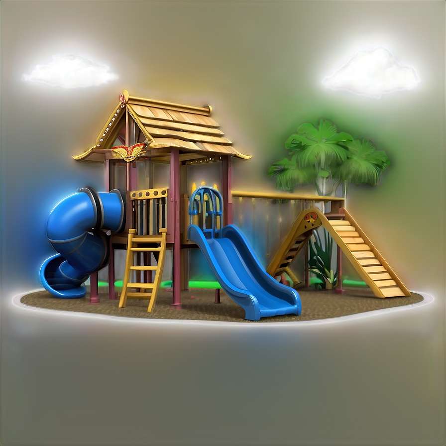 Colorful playground with slides and climbing structures under a tropical sky. — Playground PNG