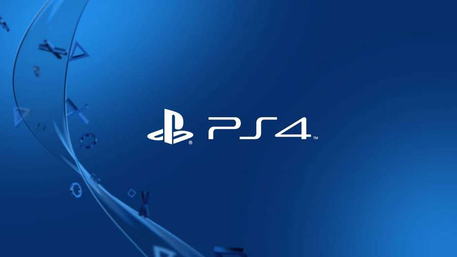 PlayStation 4-Logo mit schwebenden Controller-Symbolen auf blauem Farbverlaufshintergrund — Playstation Wallpaper