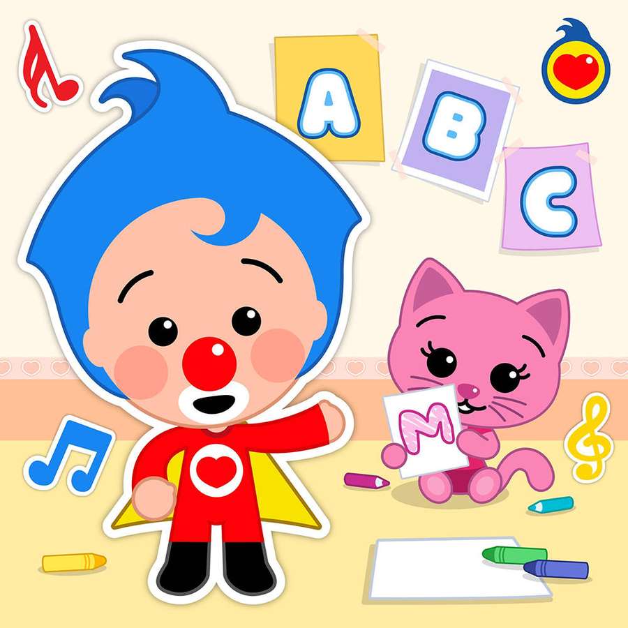 Menino de desenho animado e gato aprendendo letras com giz de cera e notas musicais. — Plim Plim Papéis de Parede