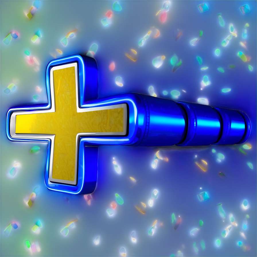 A glowing blue and yellow plus sign with a metallic tube surrounded by sparkling particles. — Plus Sign PNG