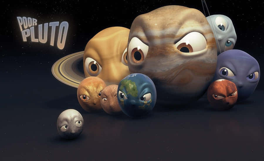 Serieplaneter med ansikten tittar på betraktaren i rymden med texten 'Poor Pluto'. — Pluto bakgrund Bakgrundsbilder