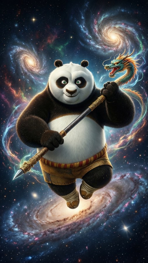 Po floating in a nebula with galaxies, holding the Dragon Staff, epic space fantasy. — Po Wallpaper