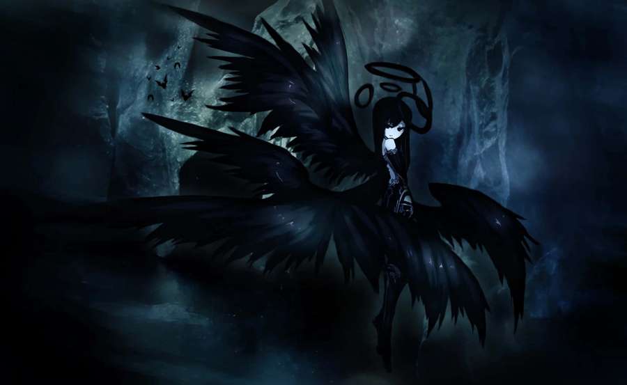 Chica anime con alas negras y halo roto en una cueva oscura — Poder Oscuro Fondos de pantalla