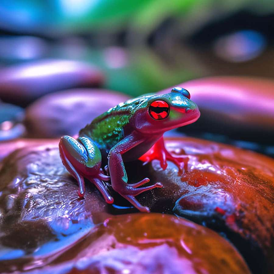 Ein glühender Neonfrosch mit roten Augen sitzt auf nassen, bunten Steinen in einer traumhaften Szene. — Poison Frog Wallpaper