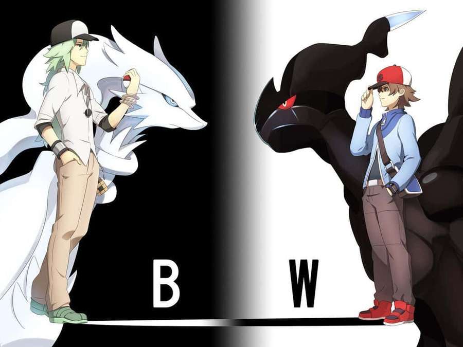 Two anime trainers with legendary Pokémon facing each other in black and white split scene. — Pokemon Black Wallpaper