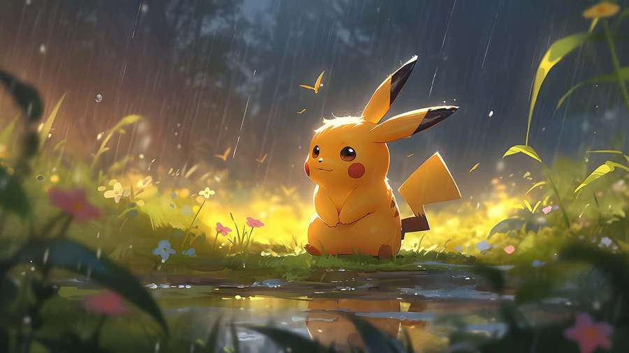Pikachu sitzt in einer regennassen Wiese mit leuchtenden Blumen und Schmetterlingen. — Pokemon Desktop Wallpaper