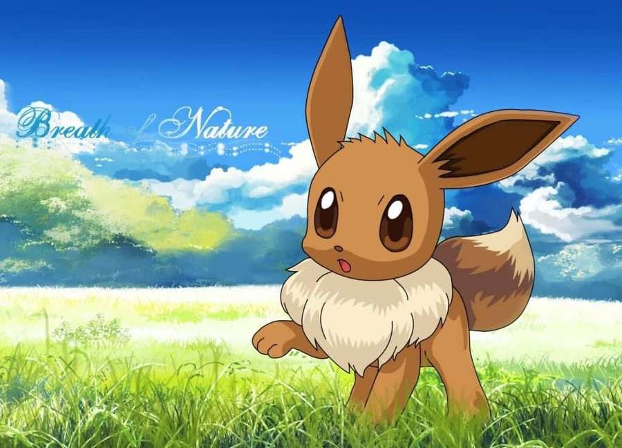 A cartoon Eevee in a sunny grassy field under a blue sky with clouds. — Pokemon Eevee Wallpaper