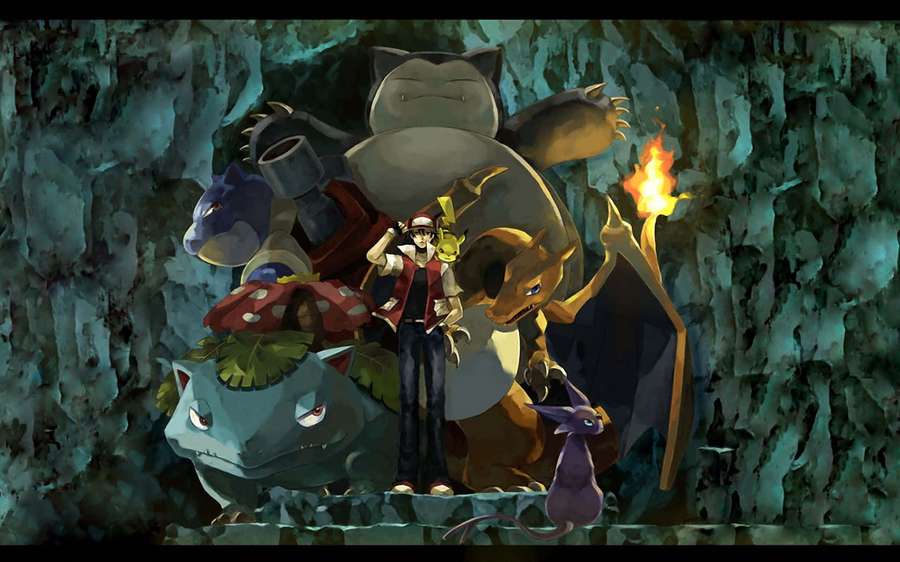 Trainer with six Pokémon in a dark cave holding a torch. — Pokemon Fan Art Wallpaper