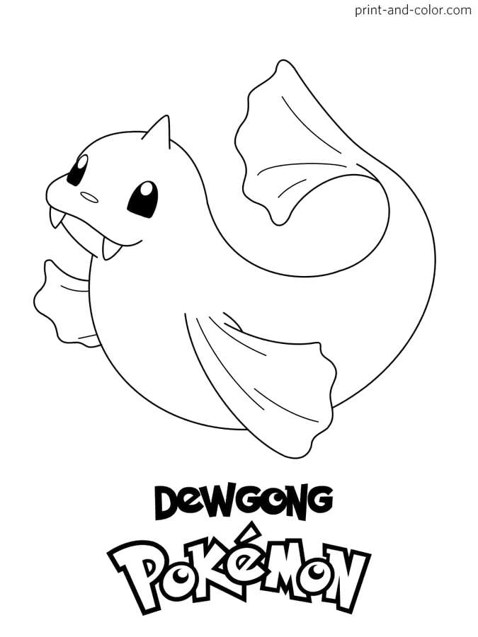 Schwarz-weiße Strichkunst des Pokémon Dewgong mit seinem Namen und Logo. — Pokemon Malbilder Bild Bilder