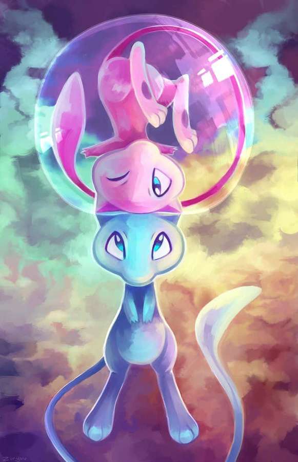 A blue and pink Pokémon with a bubble head floats in a colorful sky. — Pokemon Mew Wallpaper
