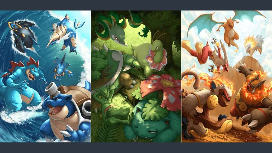 Pokémon characters engaged in battle across ocean jungle and fire themed scenes. — Pokemon Posters Wallpaper