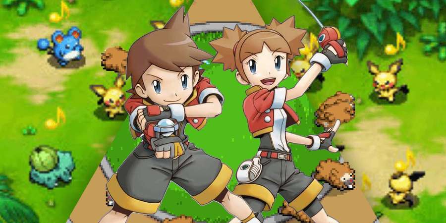 Dos entrenadores luchan con Poké Balls rodeados de Pokémon en un campo de hierba. — Pokemon Ranger Fondos de pantalla