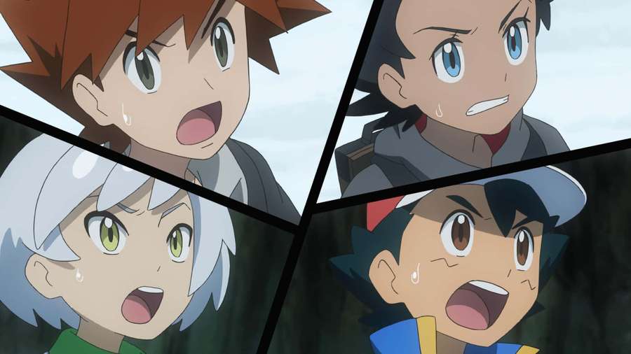 Vier Anime-Figuren mit schockierten Gesichtsausdrücken und Tränen in geteilten Bildschirmpanels. — Pokemon Rivalries Wallpaper