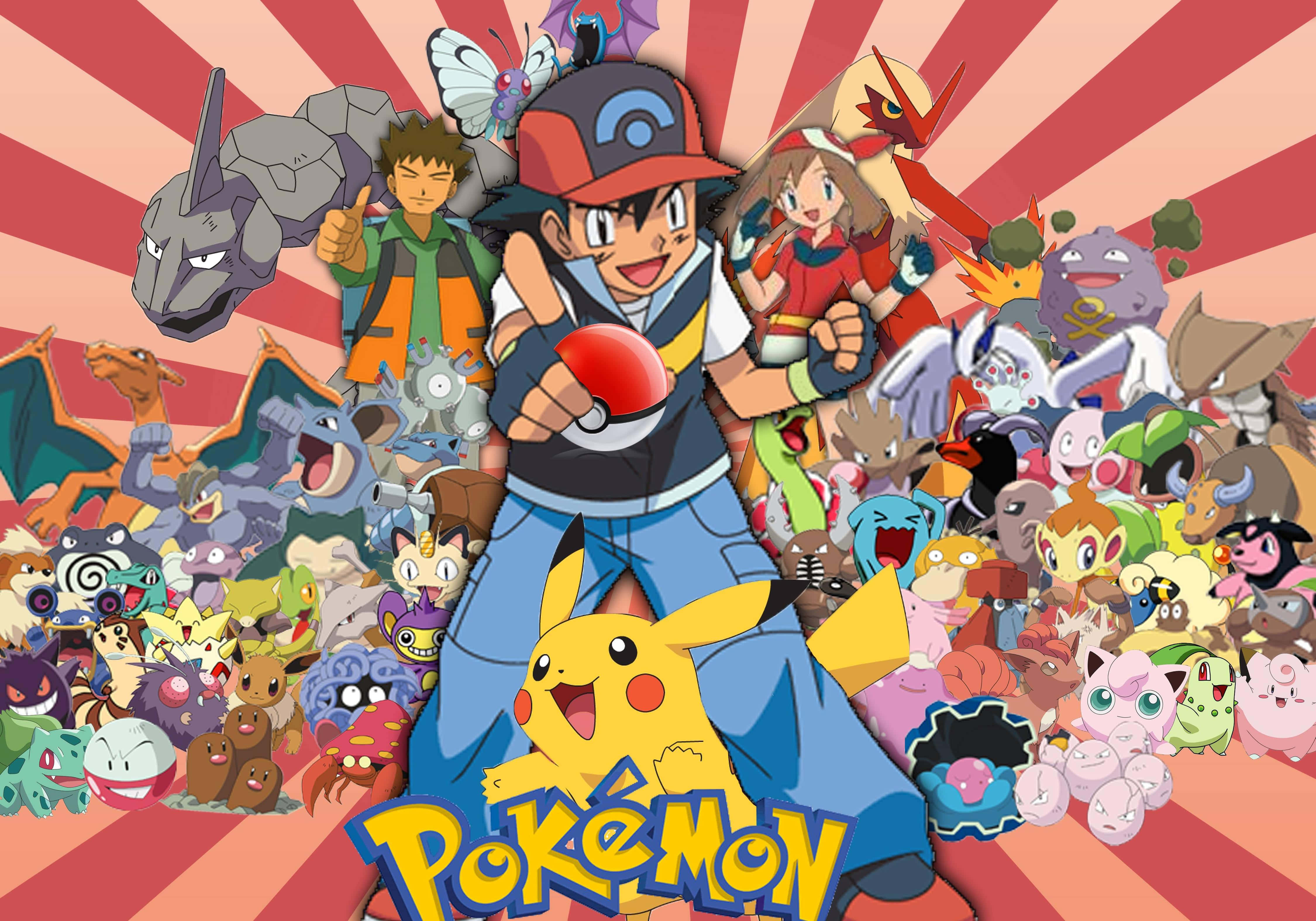 Ash Ketchum en Pikachu met veel Pokémon in een dynamische anime-scène. — Pokemon Achtergronden