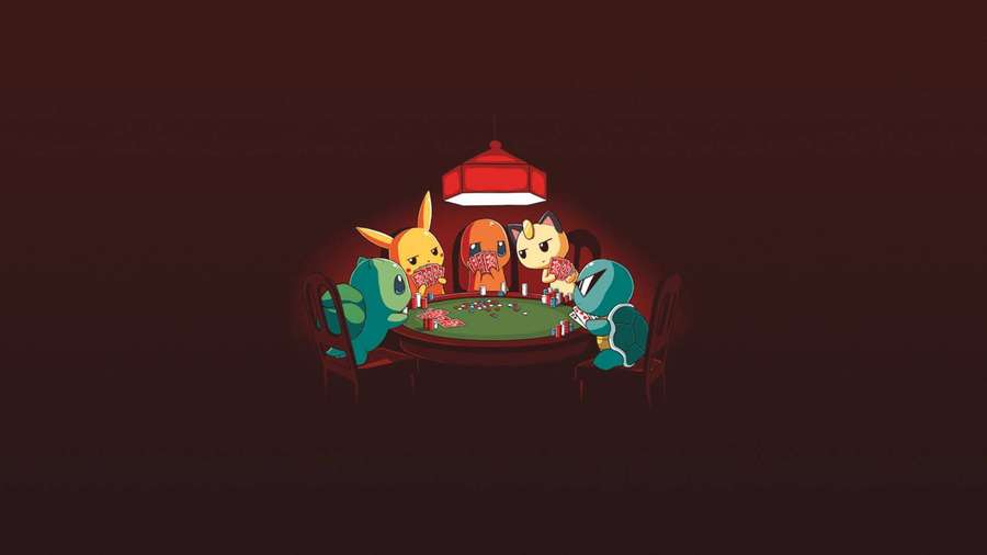 Neljä Pokémon-hahmoa pelaamassa pokeria punaisen lampun alla pimeässä huoneessa. — Pokeri Taustakuvat