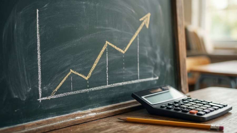 Upward line graph on chalkboard with calculator, economic policy education background. — Policy Picture