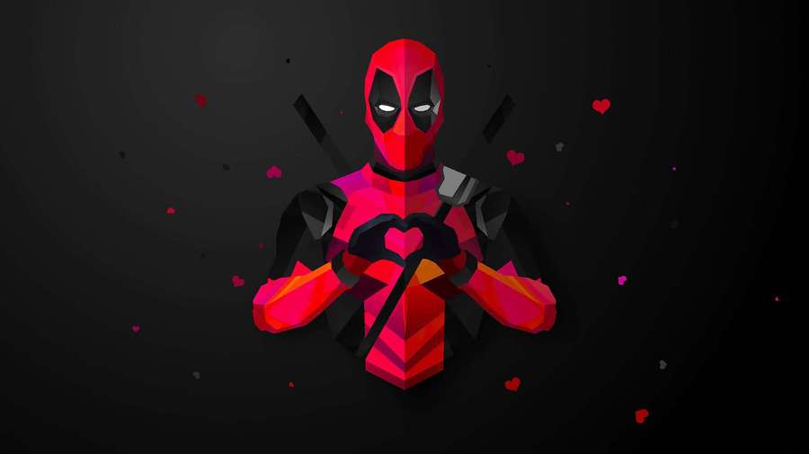 Deadpool forms a heart with his hands against a dark background with floating hearts. — Poly Background