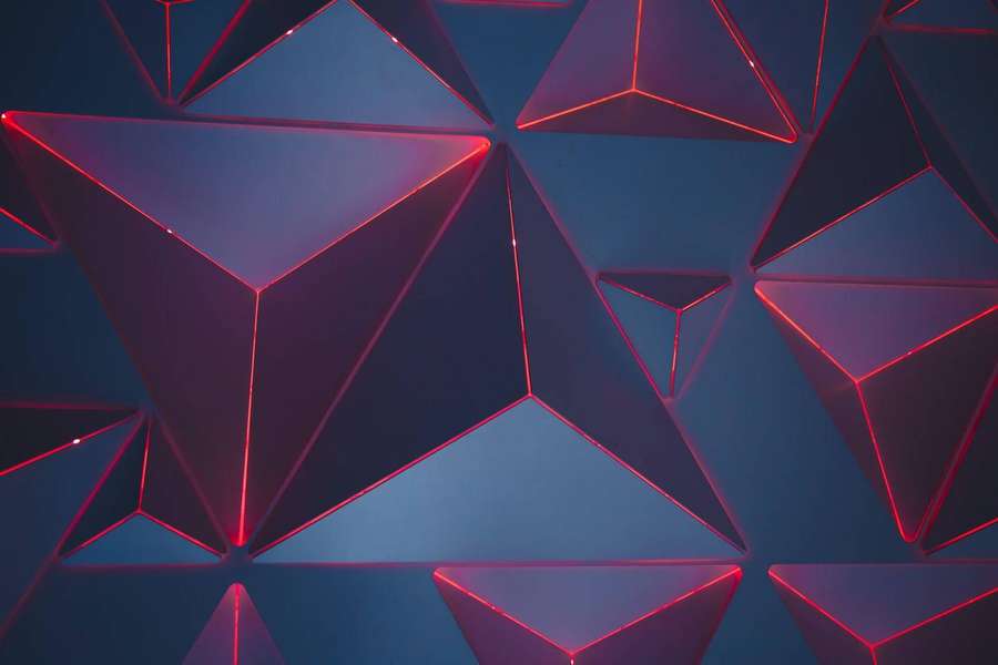 Abstract geometrisch patroon met gloeiende rode randen op een blauwe achtergrond — Polygon Achtergronden