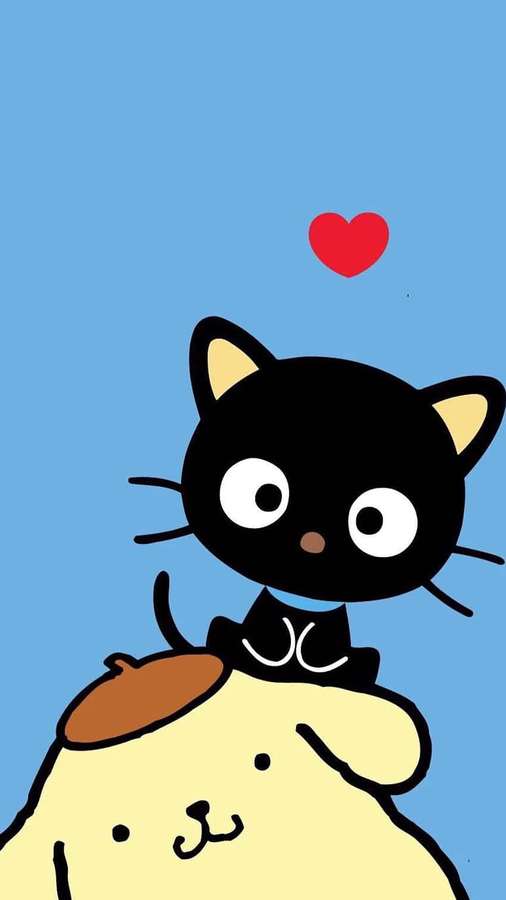 Black cat sitting on yellow dog with floating red heart against blue background — Pompompurin Aesthetic Wallpaper
