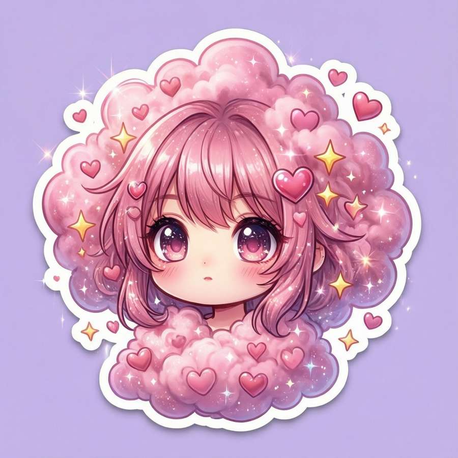 A cute anime pink smoke poof with hearts and stars on lavender, kawaii sticker style. — Poof Wallpaper
