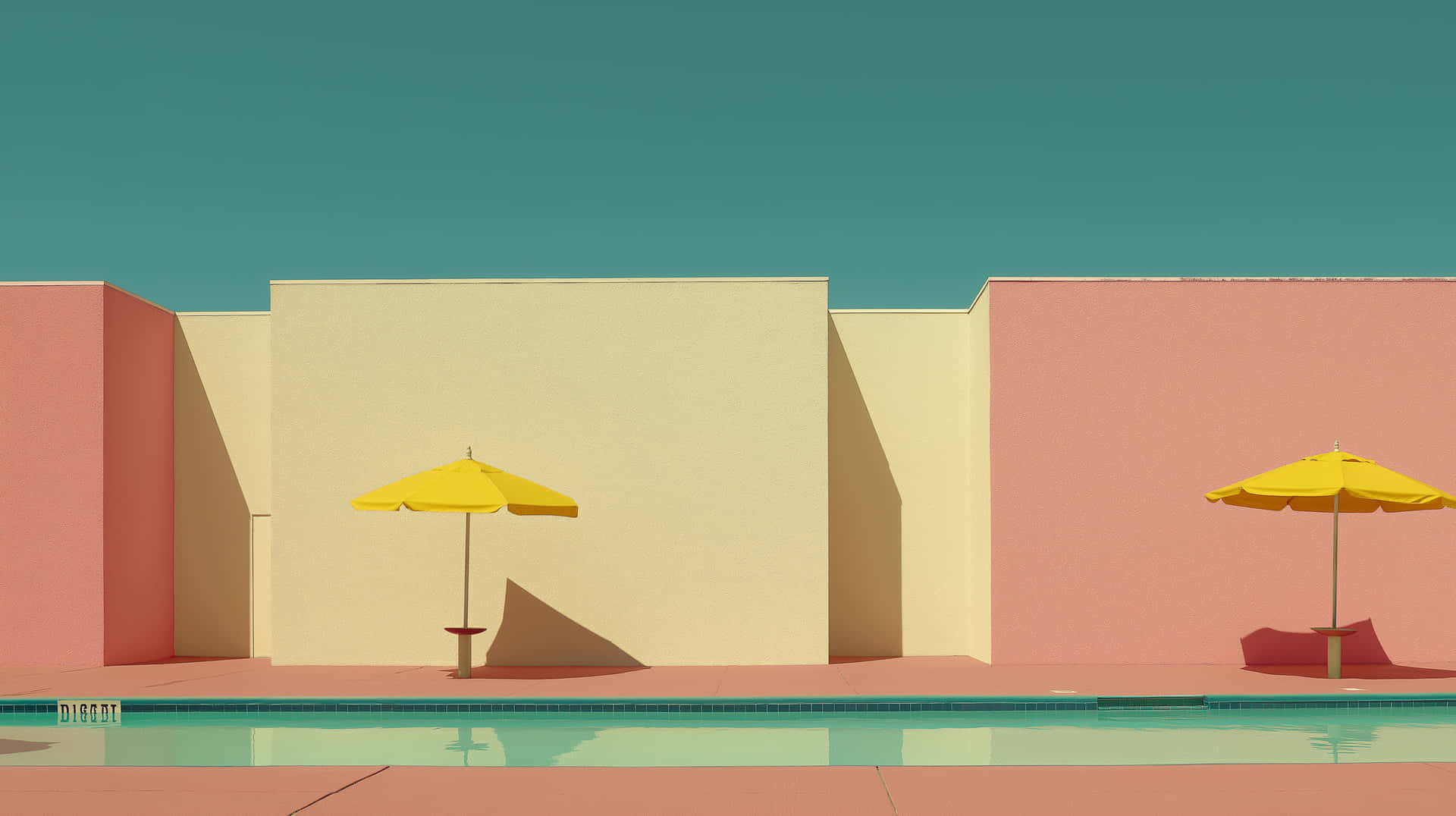Dois guarda-sóis amarelos junto a uma piscina contra paredes rosa pastel e bege sob um céu azul-petróleo. — Pool Papéis de Parede